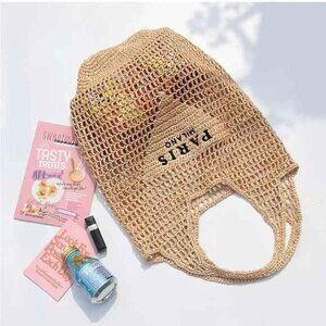 Natural Raffia Knit Tote Bag w Embroidered ‘Paris Milano’ Triangle 6.5‘’ x 15.75